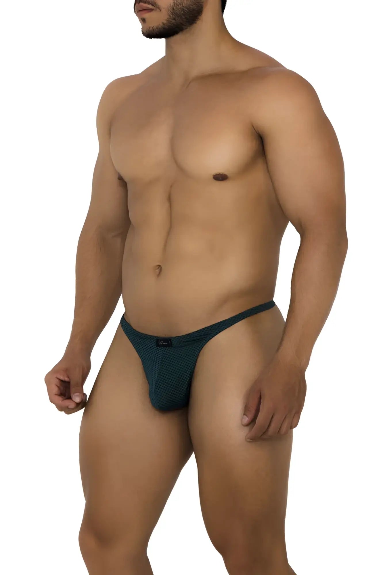 Dark teal xtremen 91185 mesh thong with textured fabric and small black logo on waistband showing front view