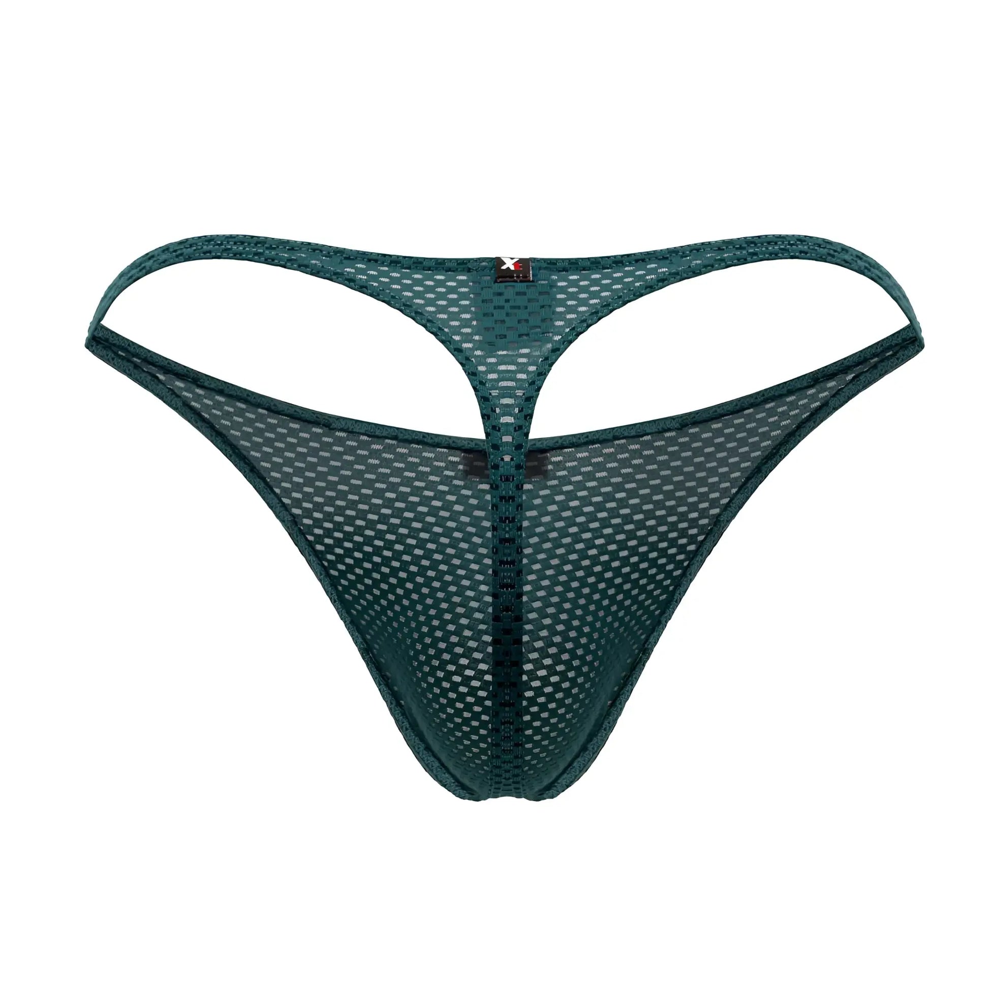 Dark green Xtremen 91185 mesh thong back view with subtle pattern and small red logo