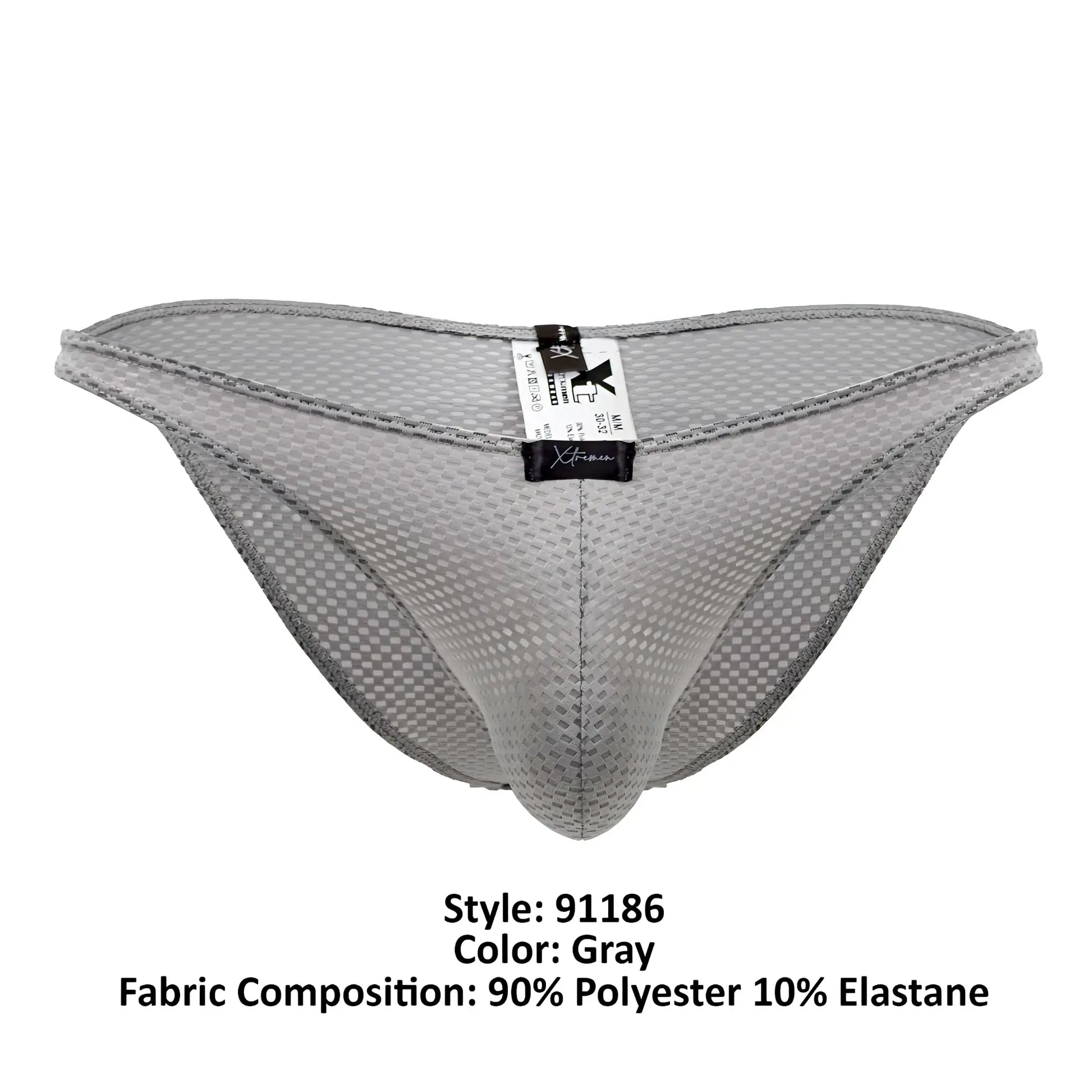 Xtremen 91186 mesh bikini briefs in gray with subtle checkered pattern and reinforced stitching along edges