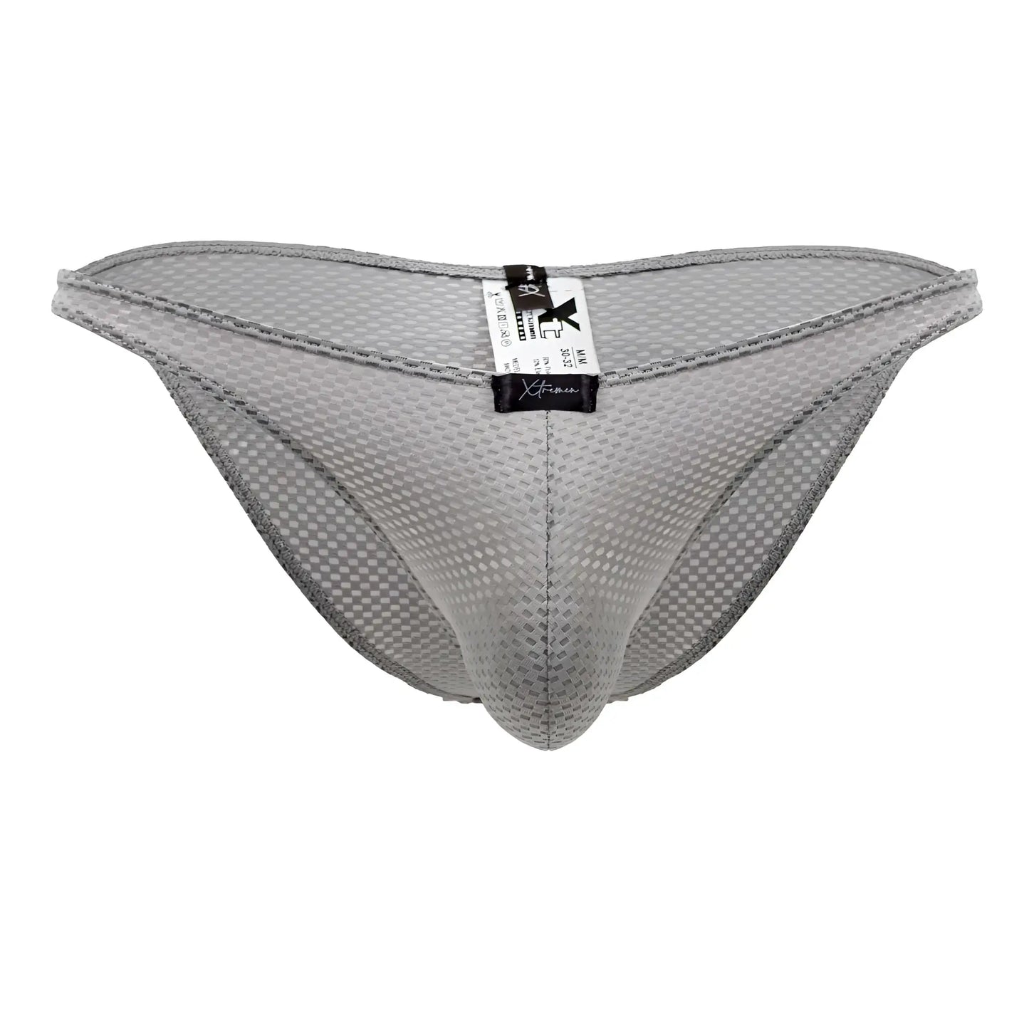 Xtremen 91186 mesh bikini briefs in gray featuring a subtle checkered pattern and reinforced stitching edges