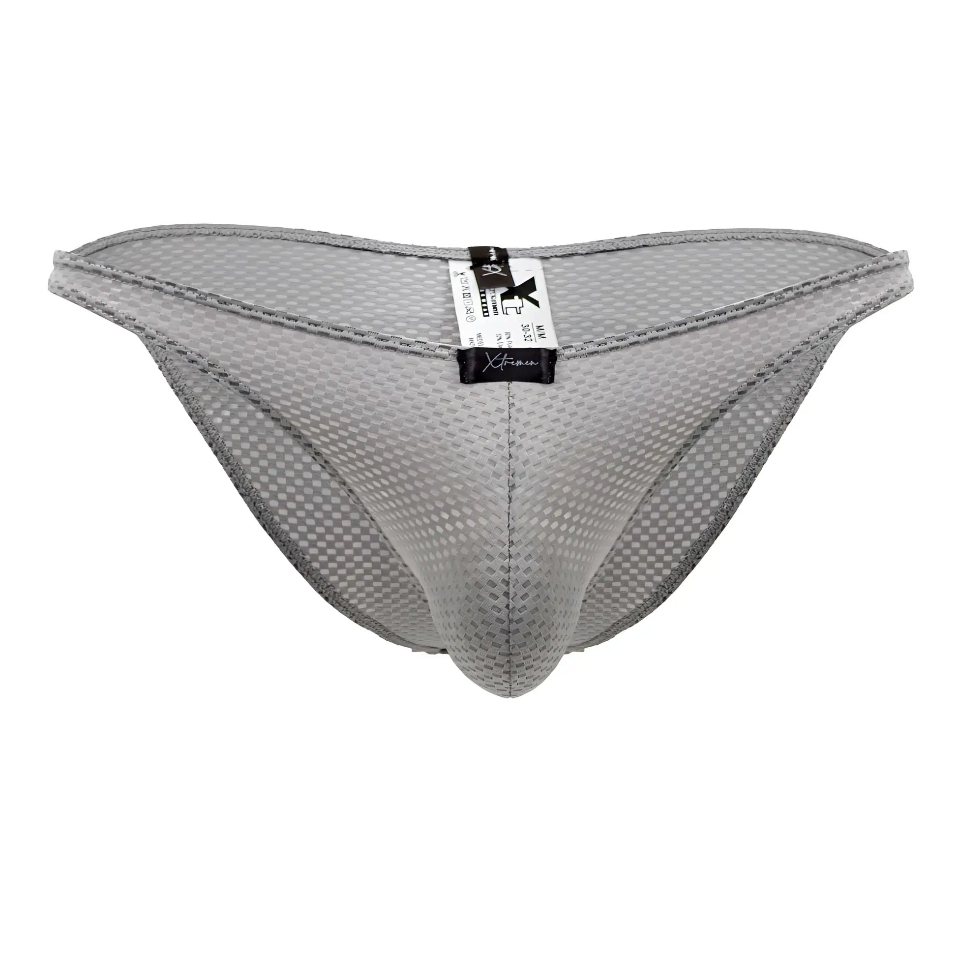 Xtremen 91186 mesh bikini briefs in gray featuring a subtle checkered pattern and reinforced stitching edges