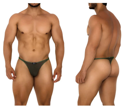 Dark green xtremen 91189 tulle mesh thong with form-fitting design and subtle contrasting trim shown from the back