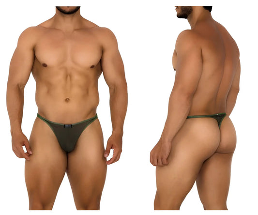 Dark green xtremen 91189 tulle mesh thong with form-fitting design and subtle contrasting trim shown from the back