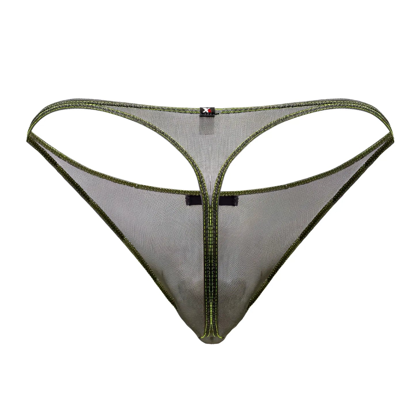 Xtremen 91189 tulle mesh thong in olive green with matching stitching and black label front view