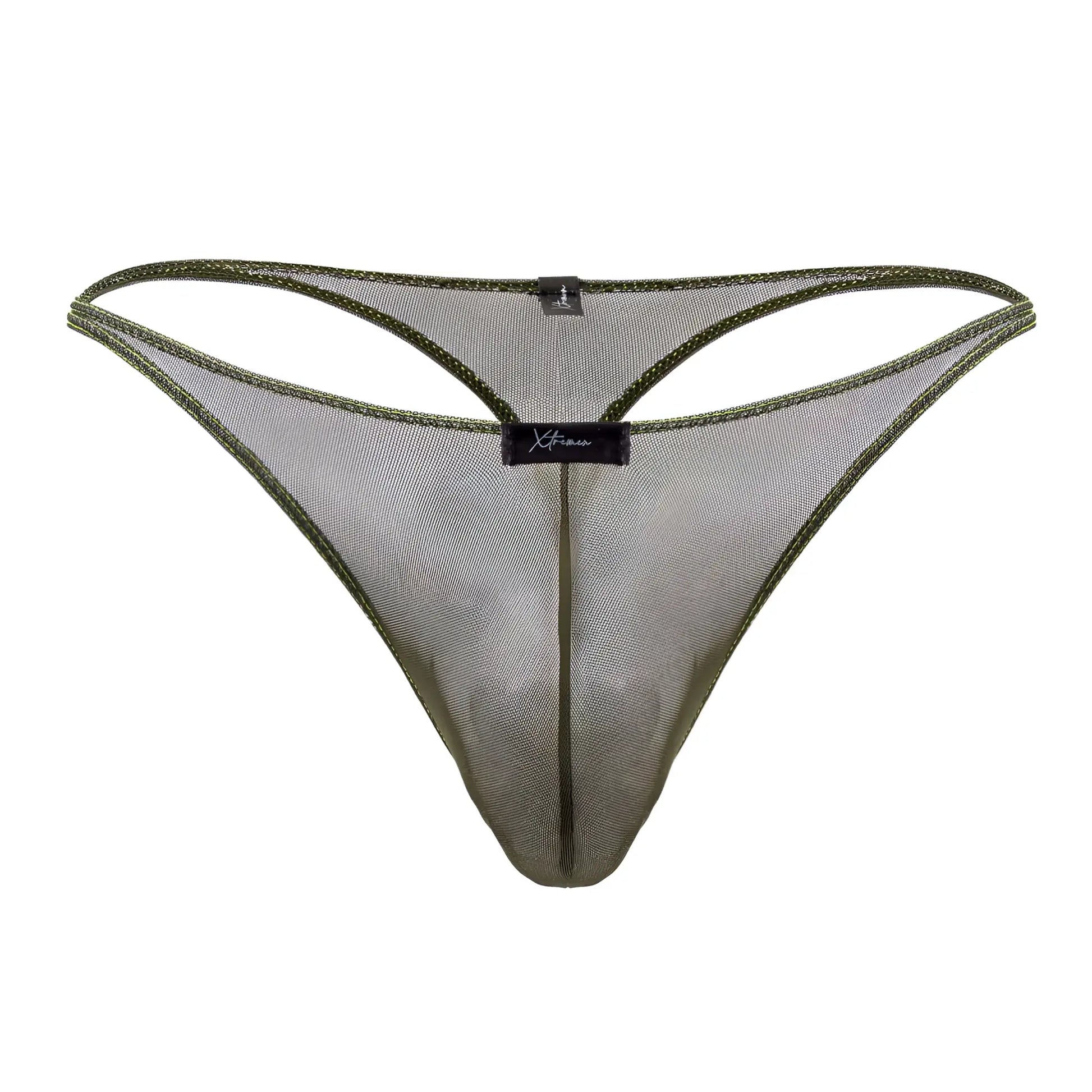 Olive green xtremen 91189 tulle mesh thong with reinforced stitching and branded label at the center