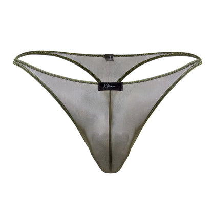 Olive green xtremen 91189 tulle mesh thong with reinforced stitching and branded label at the center