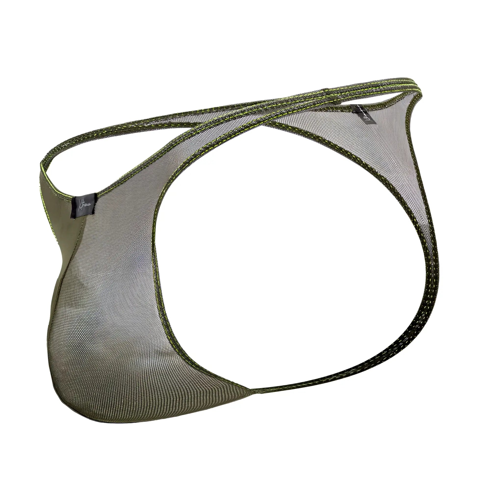 Xtremen 91189 olive green tulle mesh thong with reinforced stitching and small brand tag visible on front side