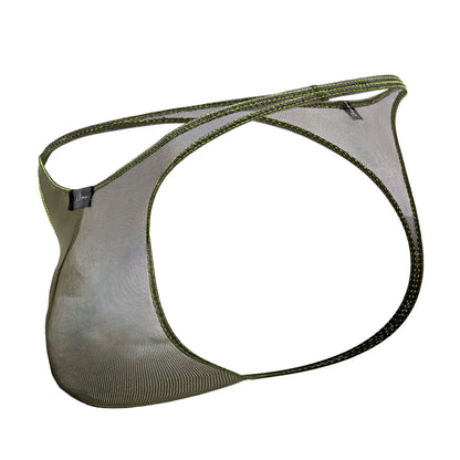 Xtremen 91189 olive green tulle mesh thong with reinforced stitching and small brand tag visible on front side
