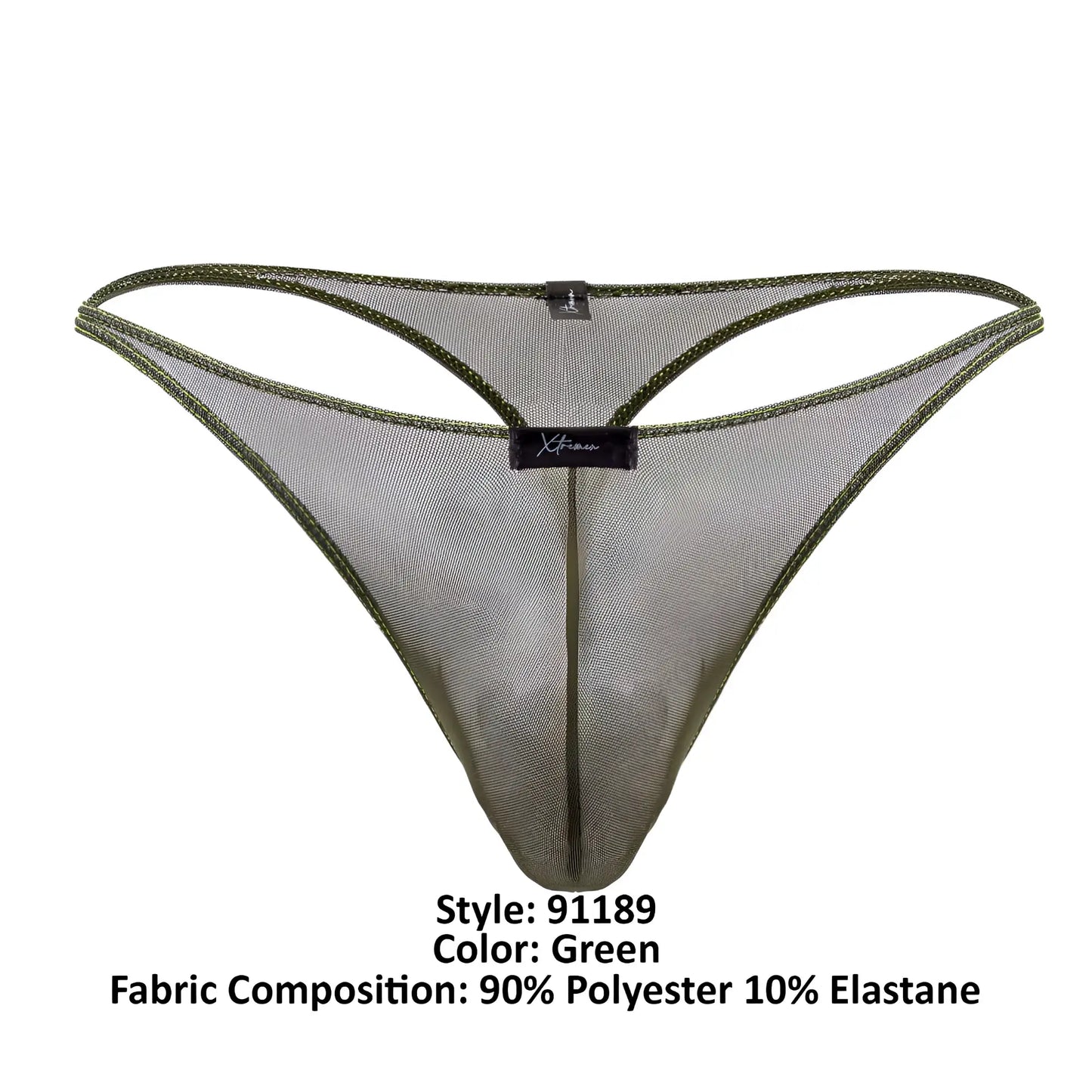 Green tulle mesh thong with subtle sheen and reinforced edges featuring the xtreme brand label at the center