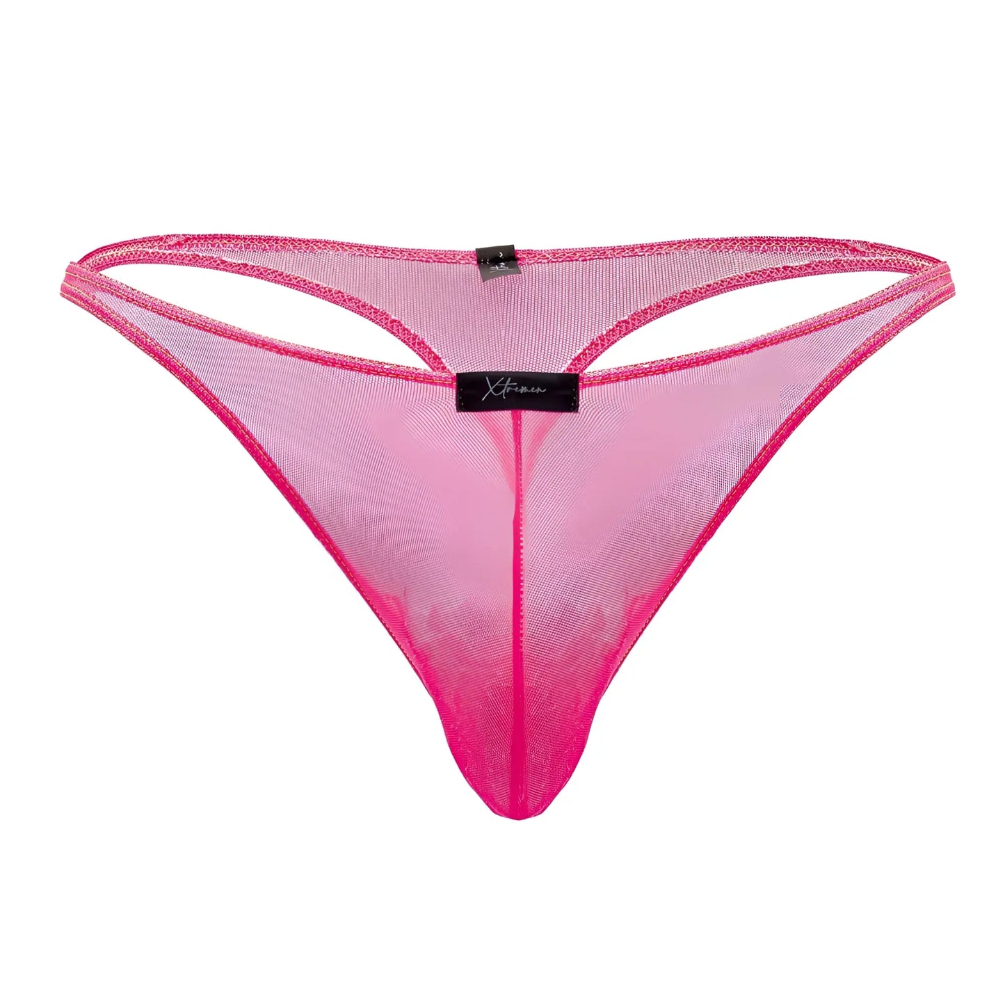 Bright pink Xtremen 91189 tulle mesh thong with black brand tag at the center front