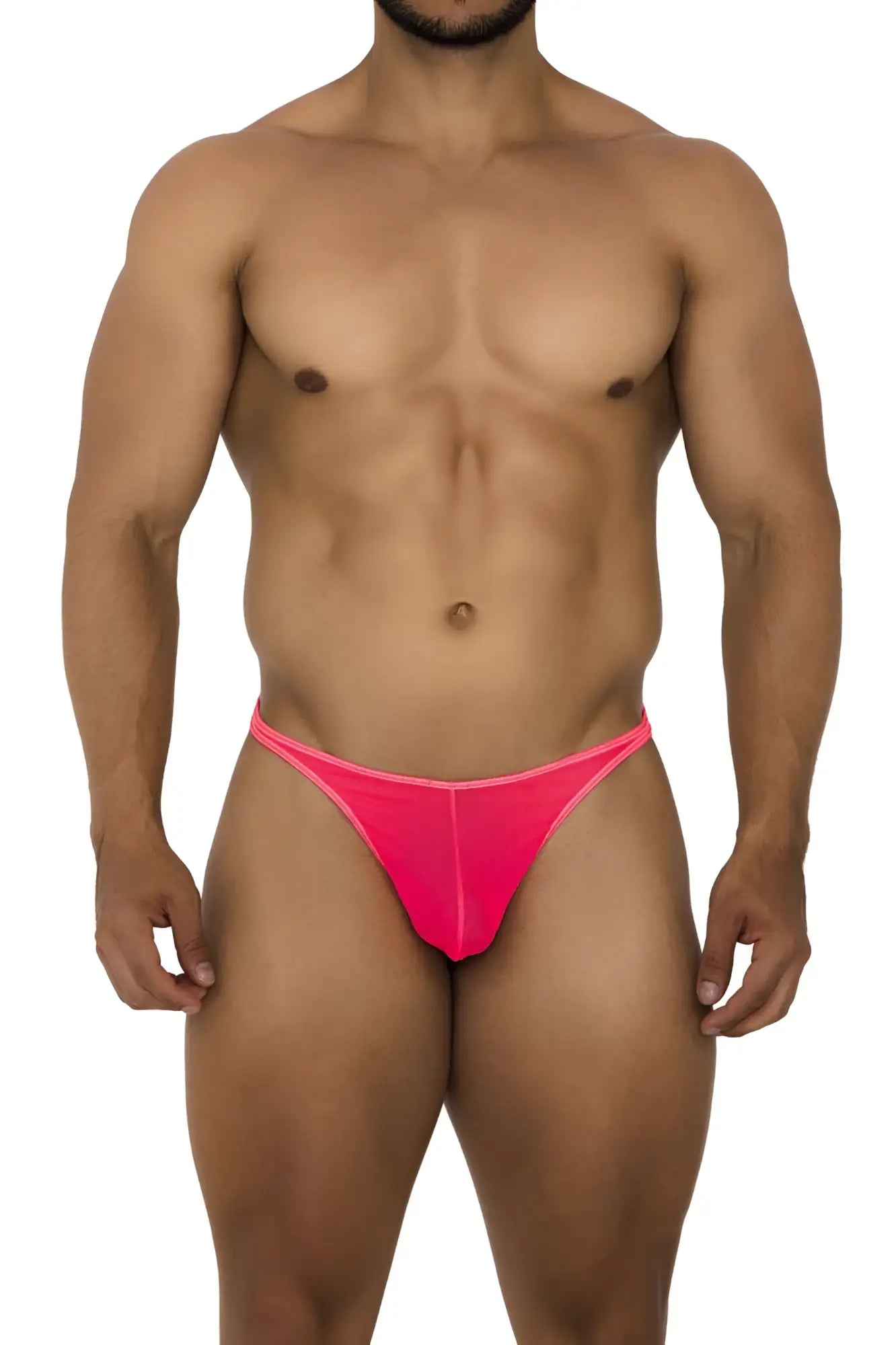 Bright pink Xtremen 91189 tulle mesh thong with a snug, form-fitting design shown from the back side