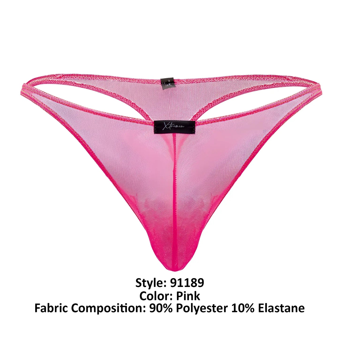 Pink xtremen 91189 tulle mesh thong with sheer translucent fabric and bold fuchsia trim for lingerie wear