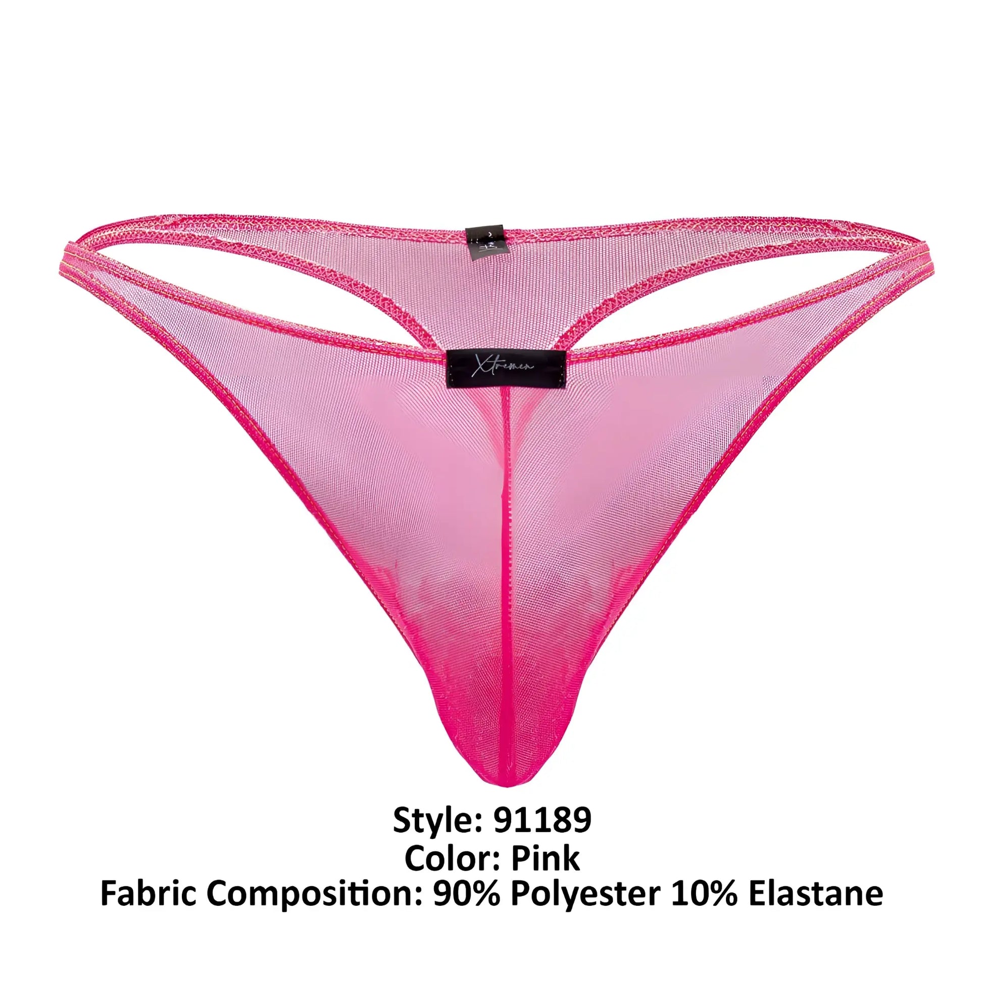 Pink xtremen 91189 tulle mesh thong with sheer translucent fabric and bold fuchsia trim for lingerie wear
