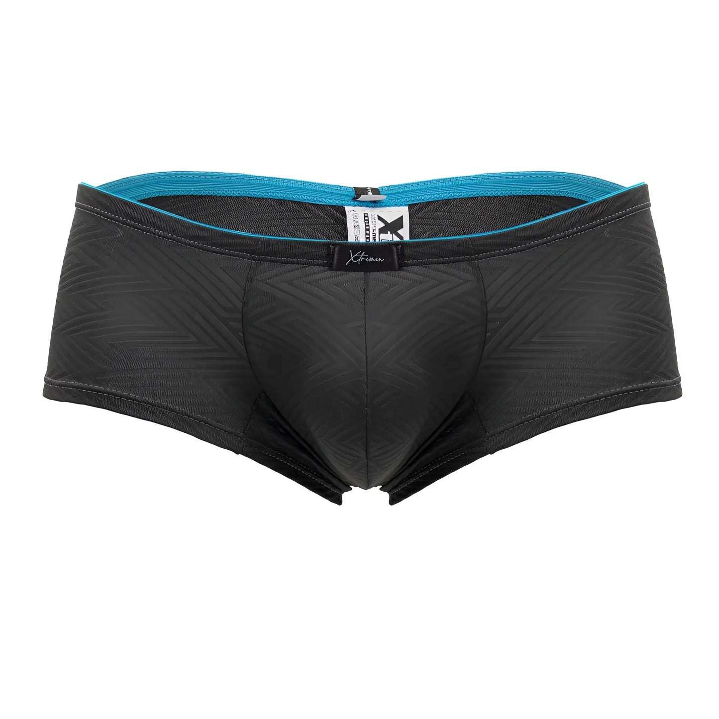 Black mens briefs xtremen 91190 jacquard trunks gray with subtle textured pattern and teal waistband trim