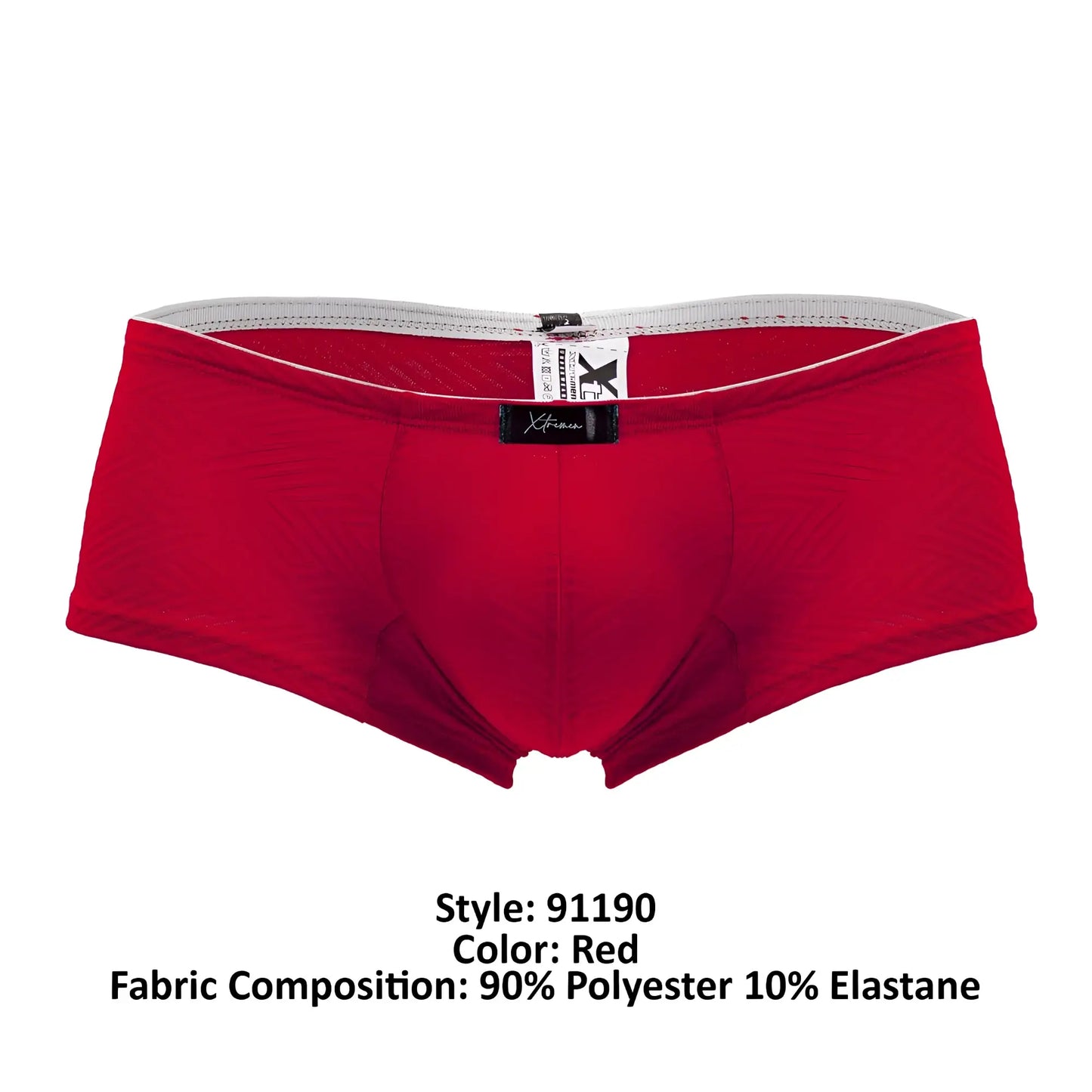 Red Xtremen 91190 jacquard men’s briefs with gray waistband and black brand tag in a soft jacquard fabric