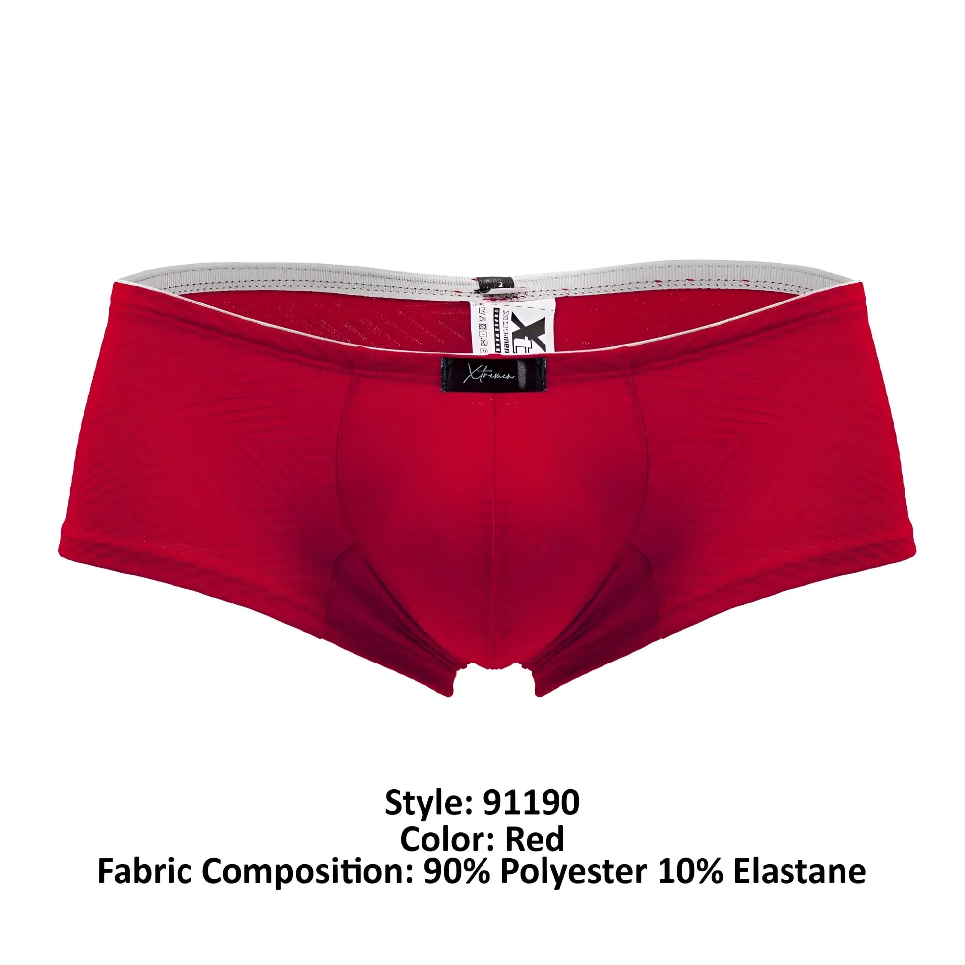 Red Xtremen 91190 jacquard men’s briefs with gray waistband and black brand tag in a soft jacquard fabric