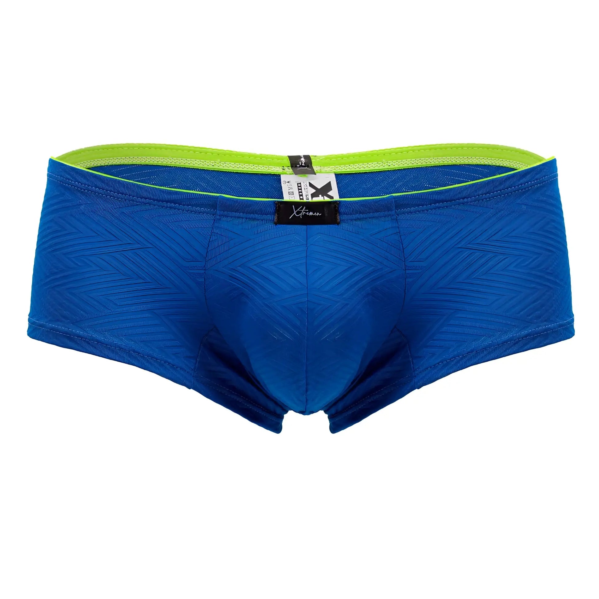 Xtremen 91190 jacquard trunks royal blue men’s briefs with blue pattern neon green waistband and black brand tag