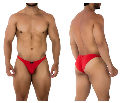 Red men’s xtremen 91192 jacquard bikini briefs with sleek form-fitting design and small black brand tag at the front