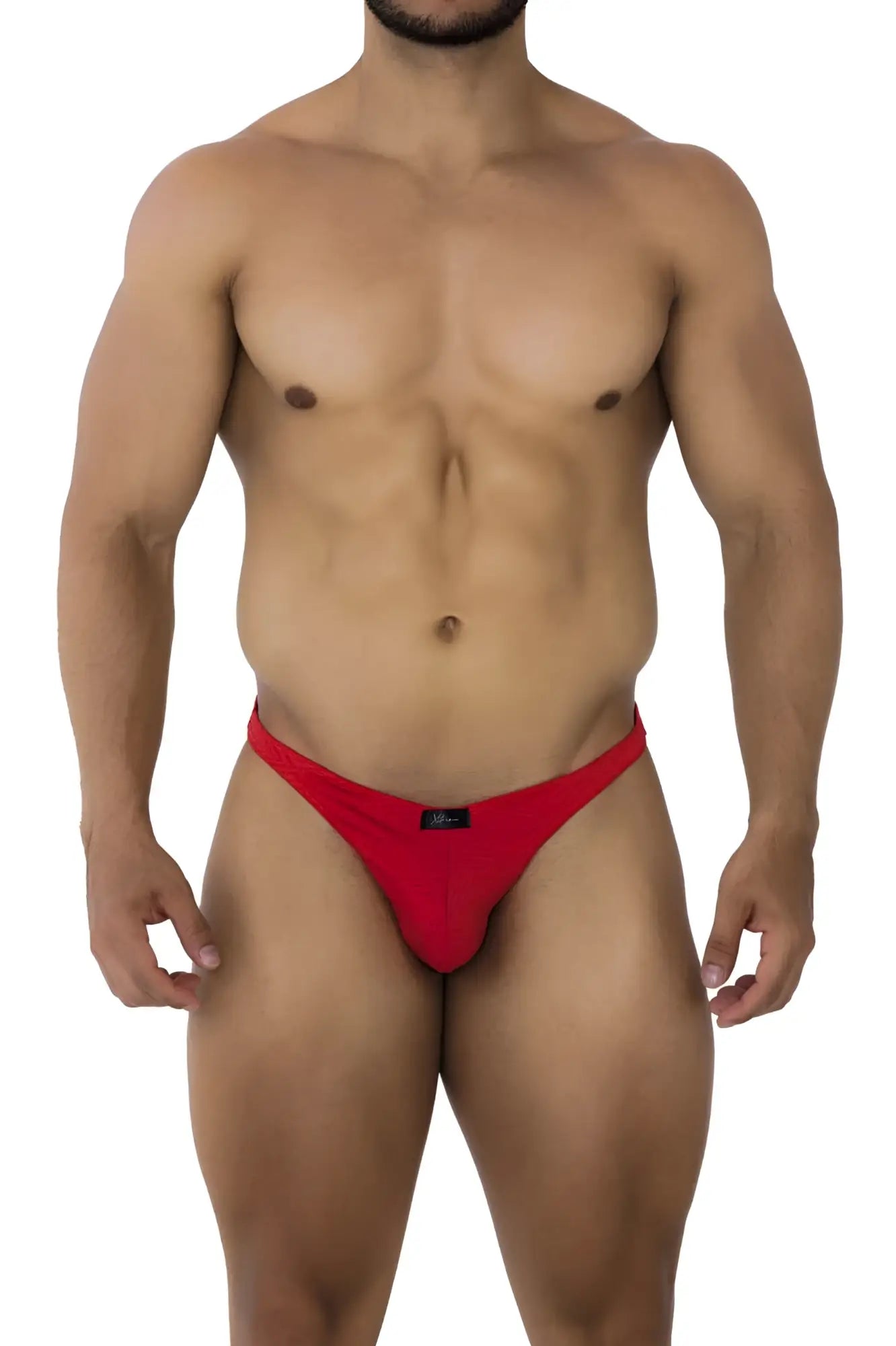 Red xtremen 91192 jacquard bikini thong made of stretchy fabric with a black brand tag at the waistband back view