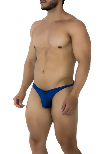 Xtremen 91192 jacquard bikini royal blue men’s thong with sleek form-fitting design and small black front logo