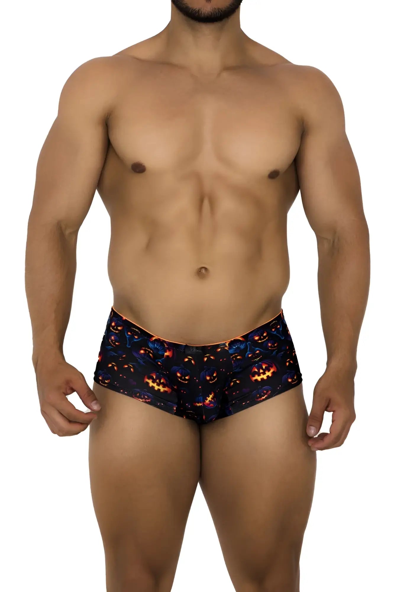 Xtremen 91193 printed trunks in black with glowing orange jack-o-lantern faces and blue accents for halloween swimwear