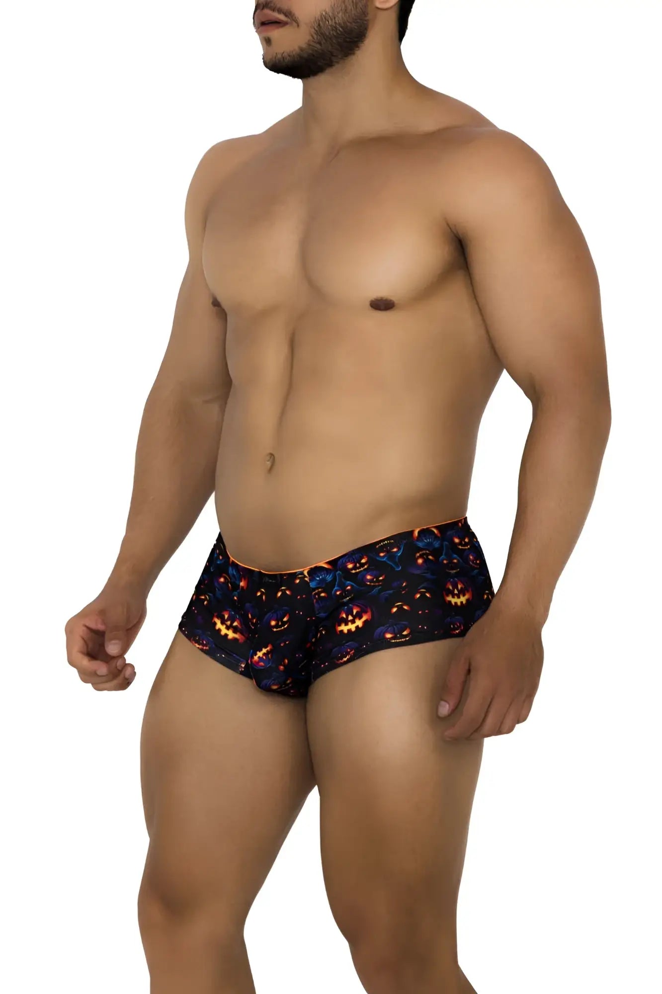 Xtremen 91193 printed trunks in black with vibrant orange and blue glowing pumpkin pattern for swimwear use