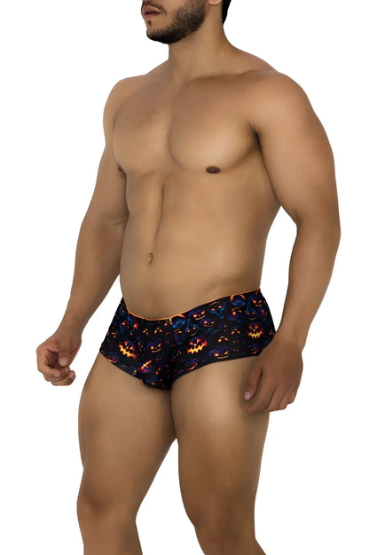 Xtremen 91193 printed trunks in black with vibrant orange and blue glowing pumpkin pattern for swimwear use