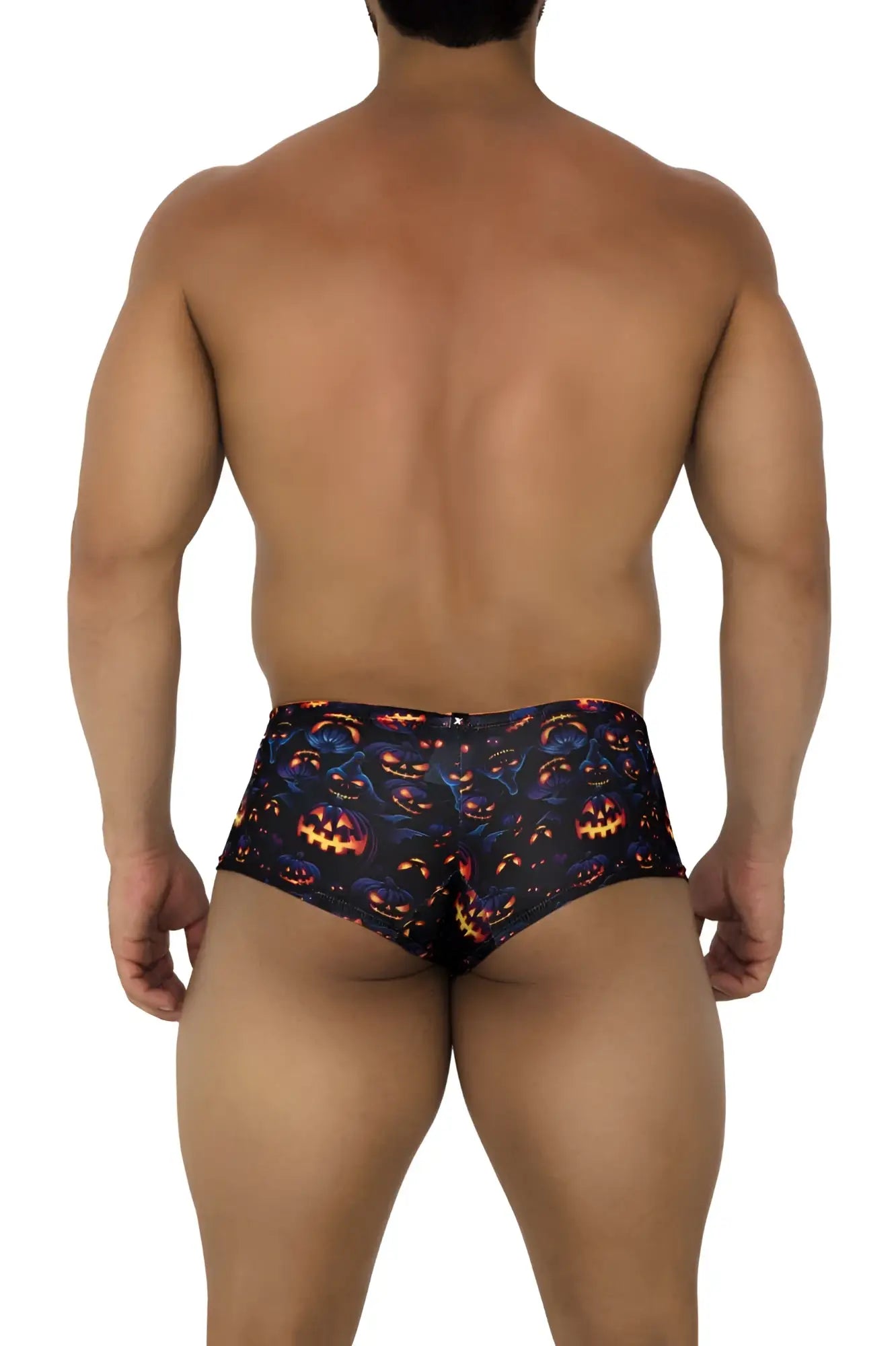 Xtremen 91193 printed trunks black briefs with vibrant glowing orange and yellow pumpkin jack o lantern pattern