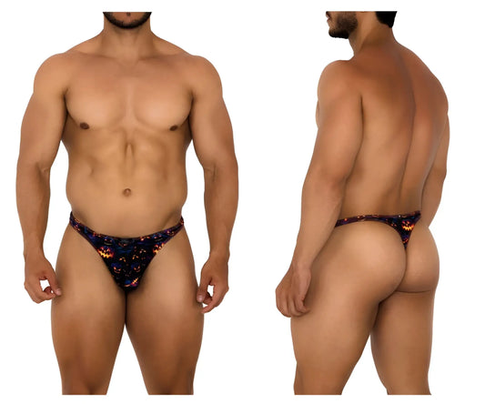 Black thong with halloween-themed orange jack o lanterns and purple stars from xtremen 91194 printed thongs color pumpkins