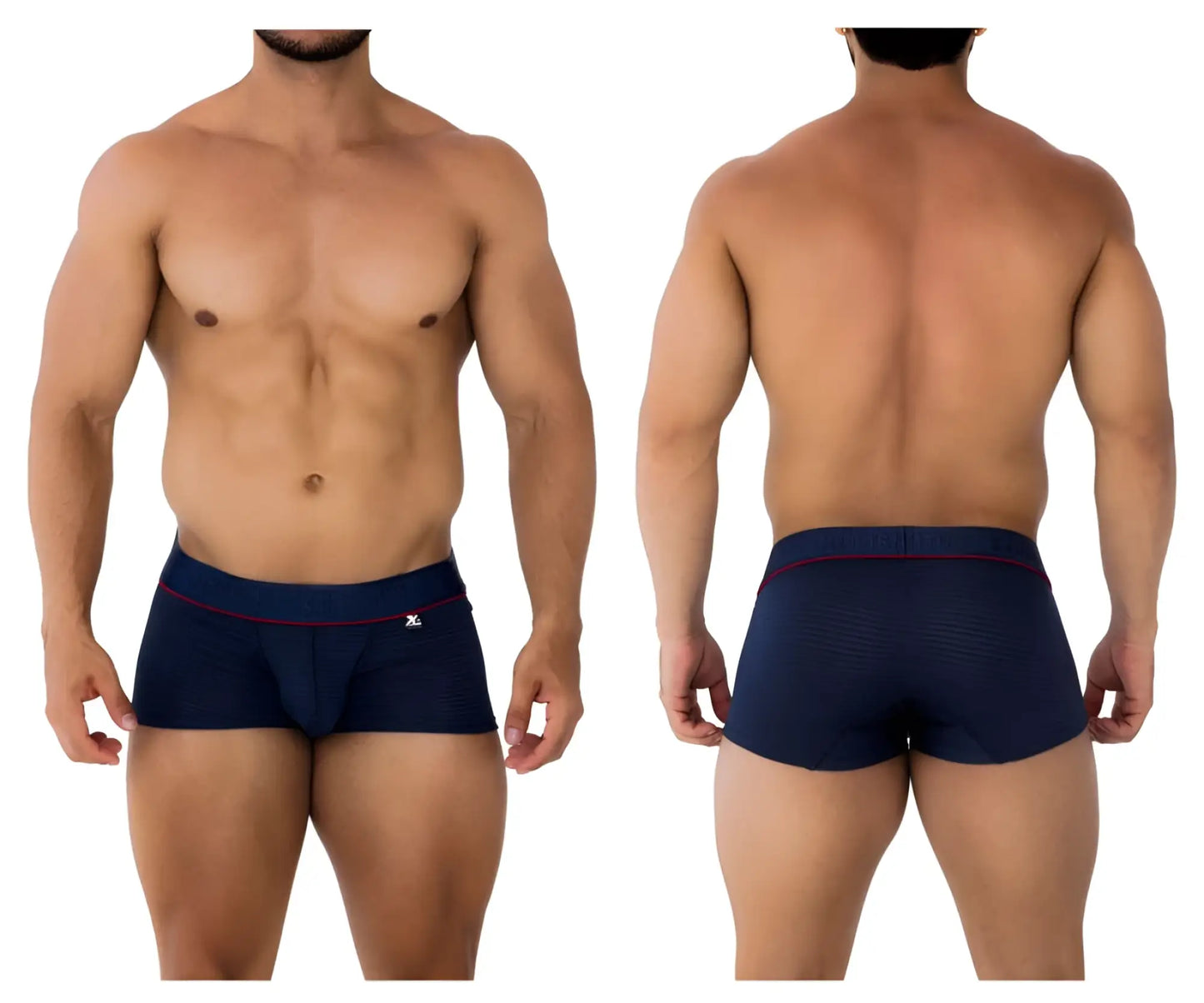 Navy blue Xtremen 91196 jacquard trunks boxer briefs with red trim and a small logo on the waistband
