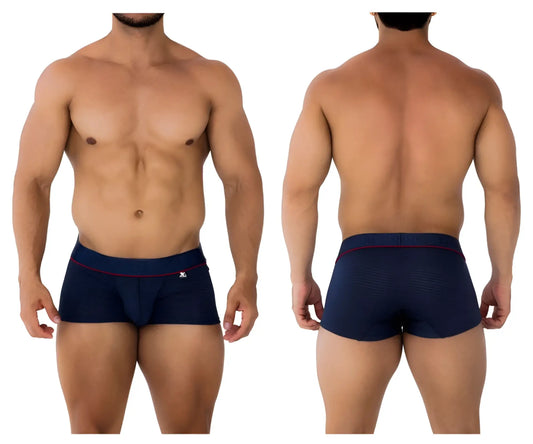 Navy blue Xtremen 91196 jacquard trunks boxer briefs with red trim and a small logo on the waistband