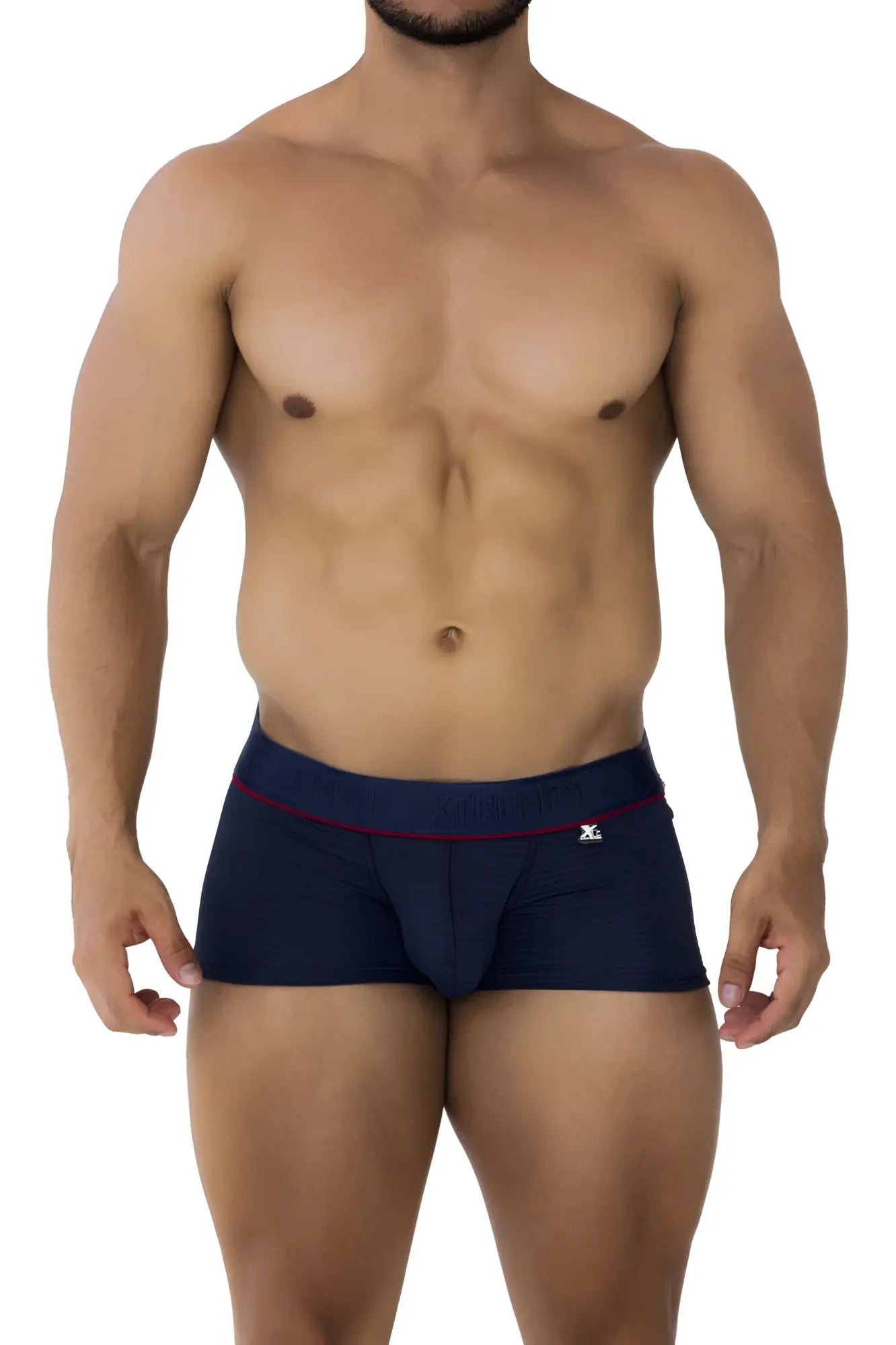 Navy blue xtremen 91196 jacquard trunks with red trim and white logo on waistband front side view