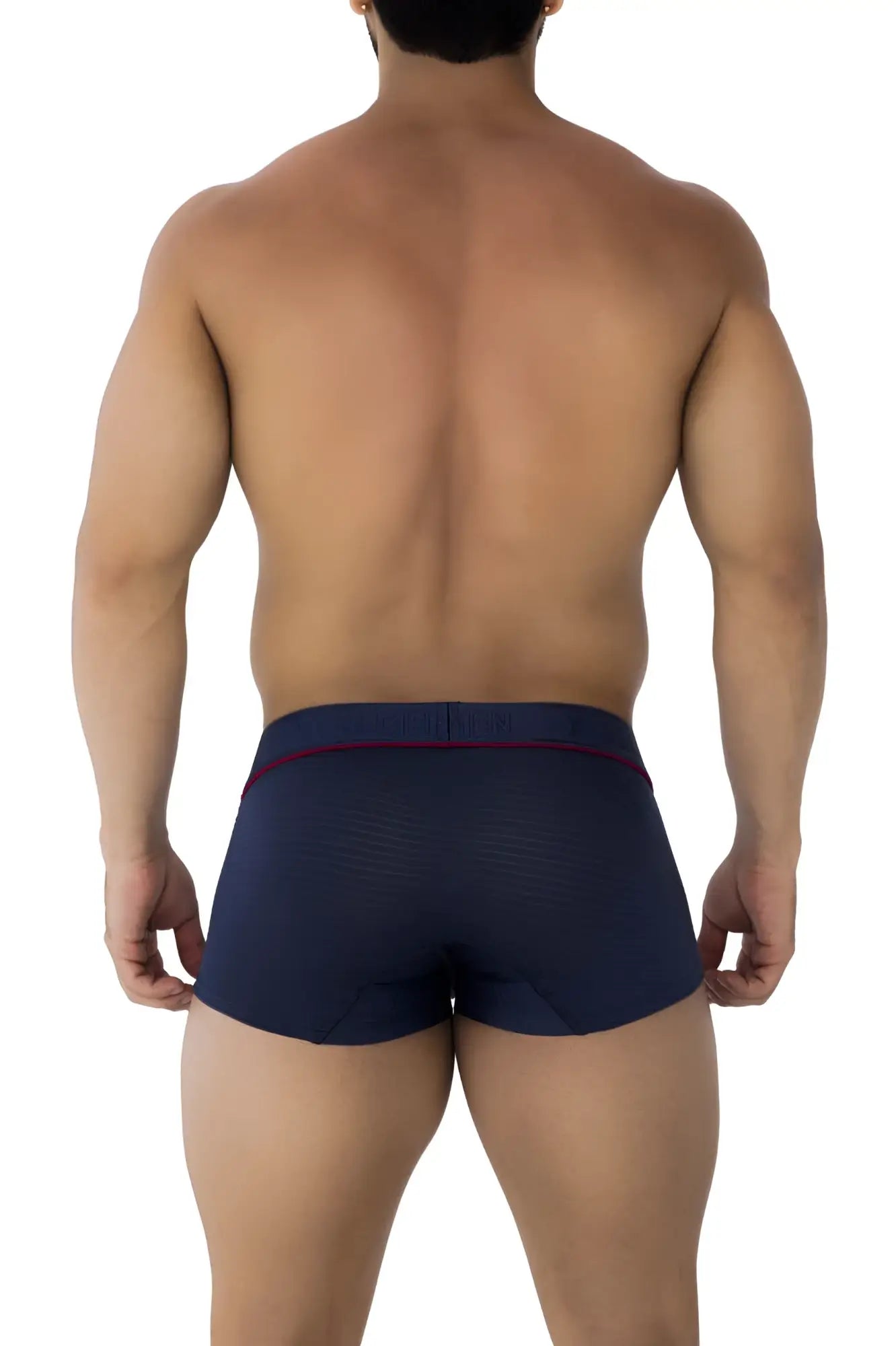 Navy blue Xtremen 91196 jacquard trunks with red trim waistband featuring textured fabric design
