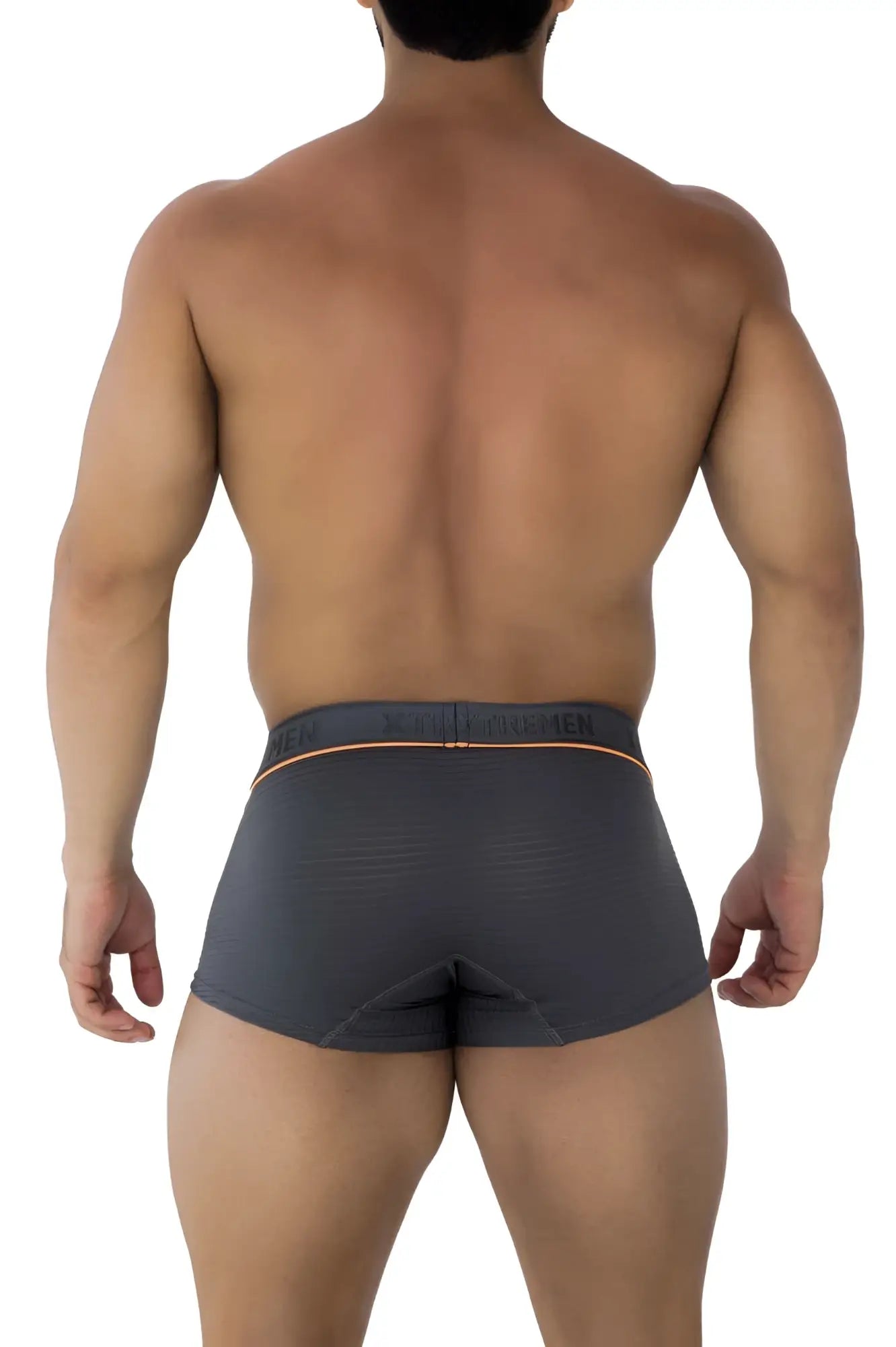 Dark gray xtremen 91196 jacquard trunks with subtle textured pattern and orange waistband trim athletic briefs