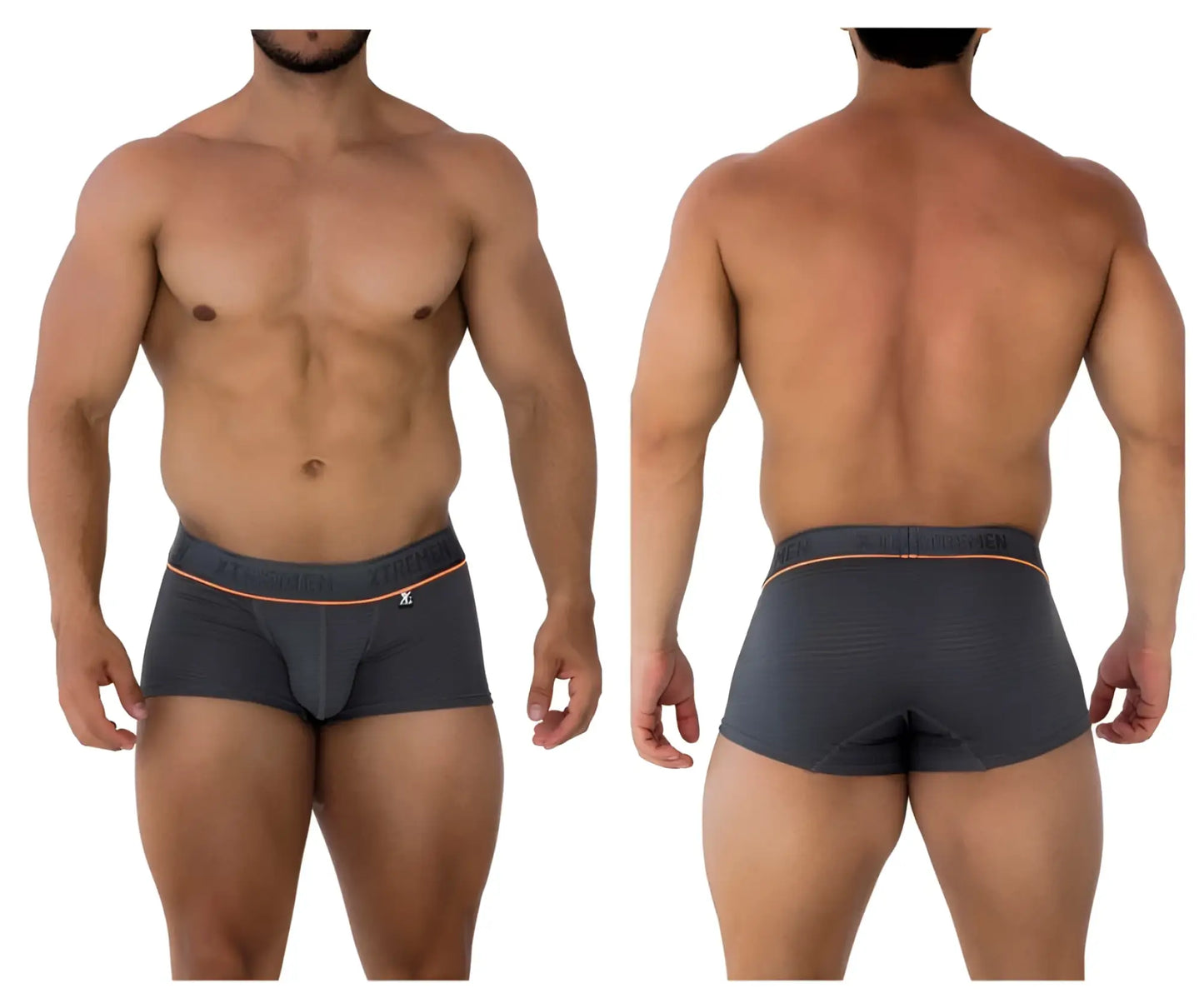 Dark gray Xtremen 91196 jacquard trunks boxer briefs with subtle textured pattern and orange waistband trim
