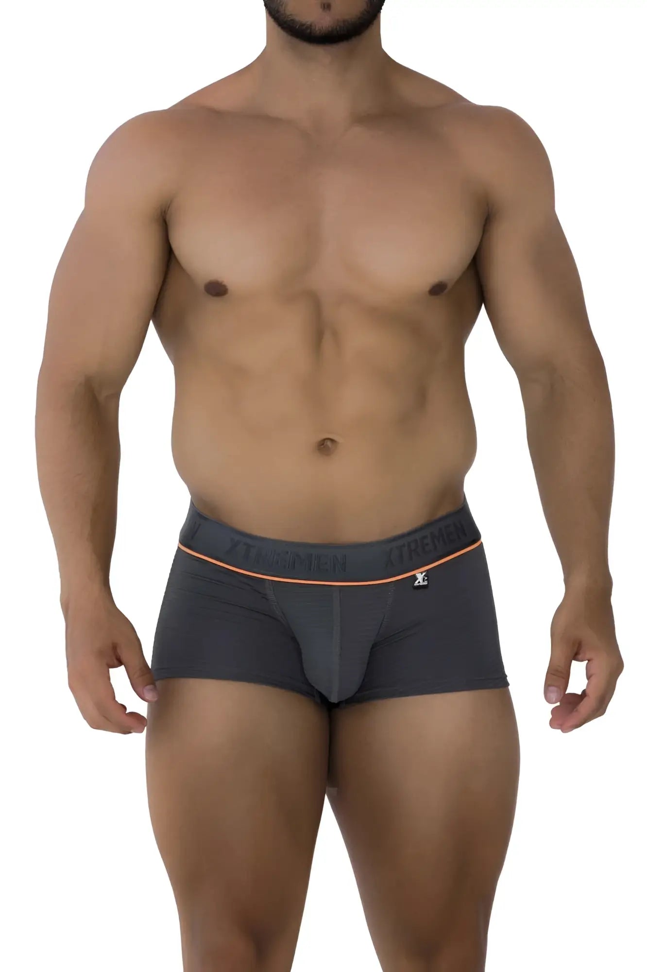 Dark gray xtremen 91196 jacquard trunks with orange waistband trim and small front logo for men