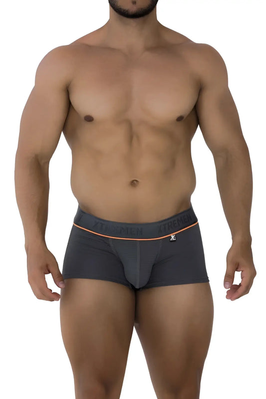 Dark gray xtremen 91196 jacquard trunks with orange waistband trim and small front logo for men