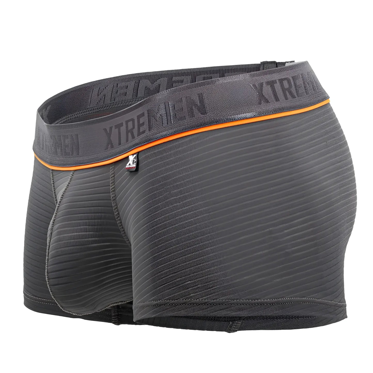 Dark gray textured jacquard fabric trunks with orange trim and xtremen branding on the waistband