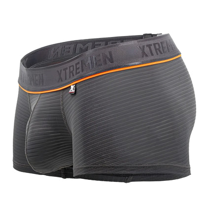 Dark gray textured jacquard fabric trunks with orange trim and xtremen branding on the waistband