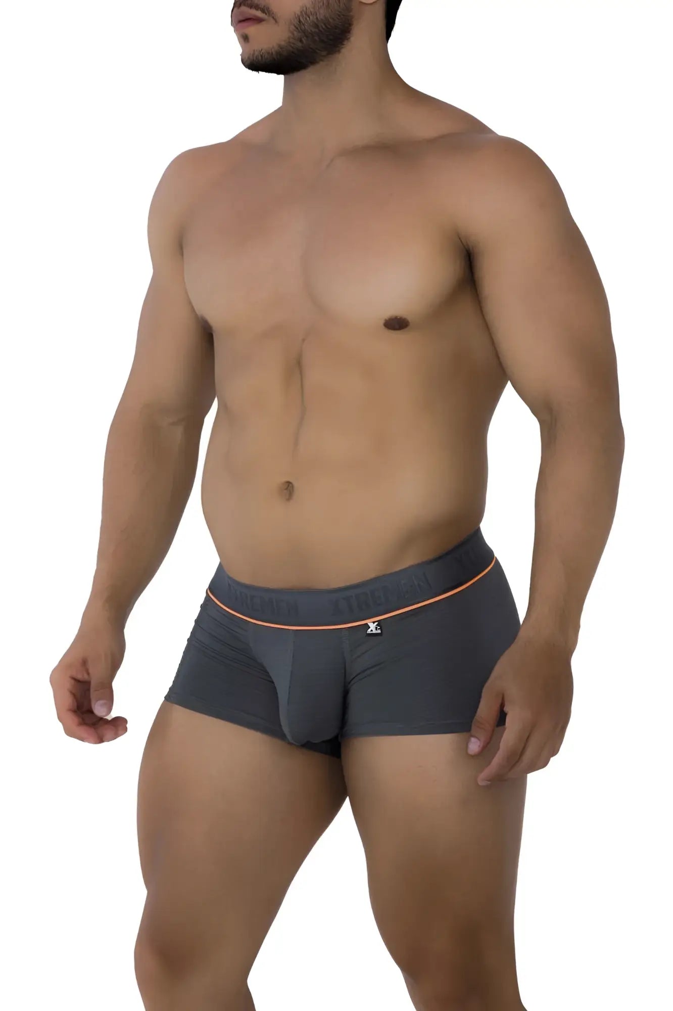 Xtremen 91196 jacquard trunks gray men’s briefs with subtle orange trim and small logo on the front