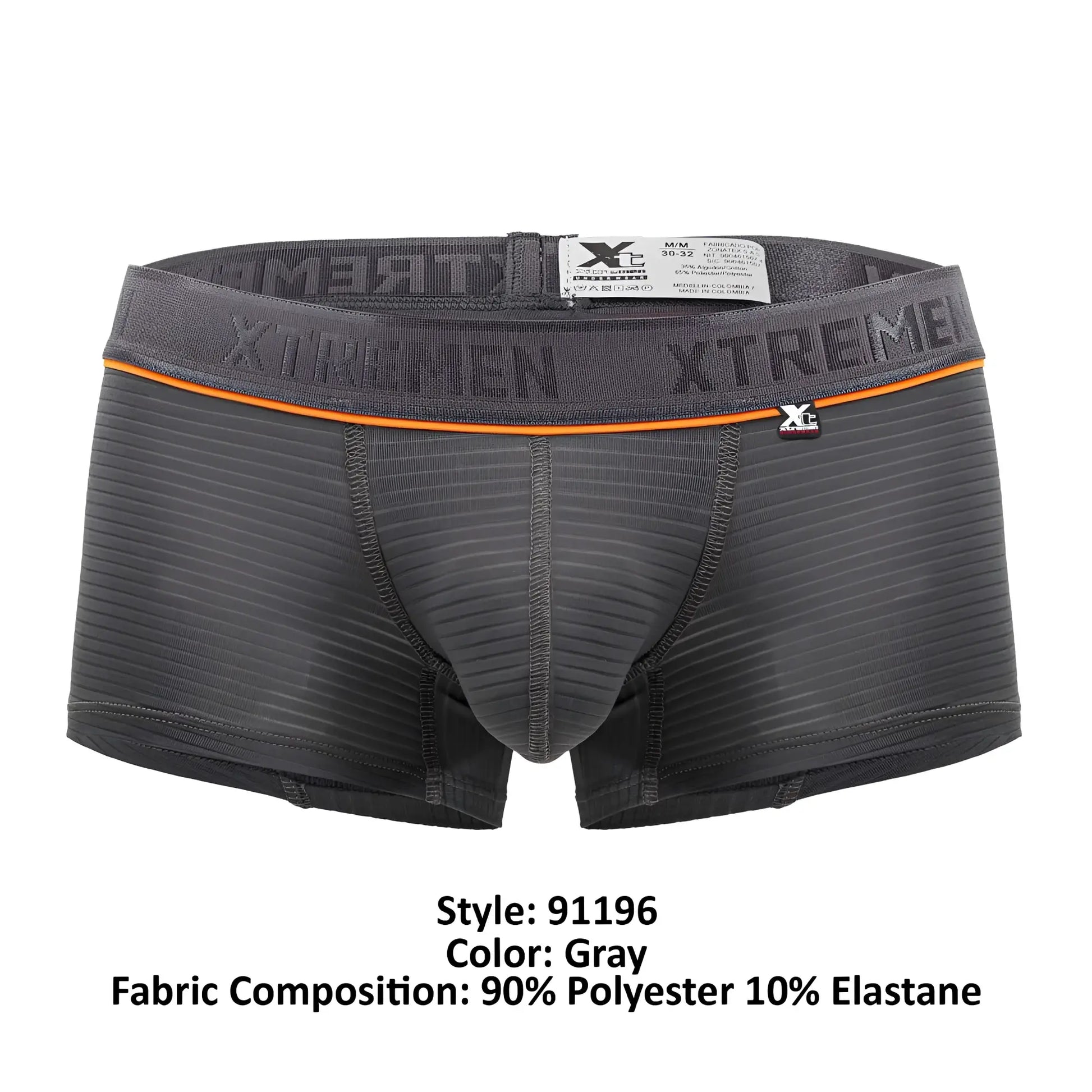 Gray xtremen 91196 jacquard trunks boxer briefs with textured ribbed fabric and orange trimmed waistband
