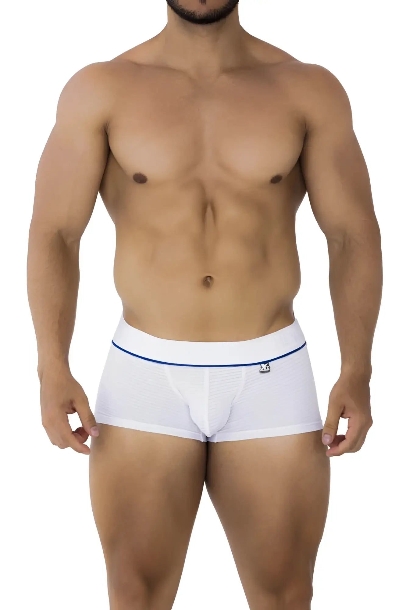 White Xtremen 91196 jacquard trunks with blue trim and logo on waistband made from jacquard fabric