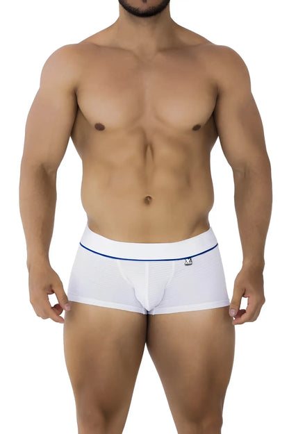 White Xtremen 91196 jacquard trunks with blue trim and logo on waistband made from jacquard fabric
