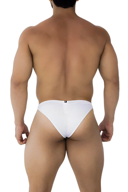 Back view of white xtremen 91197 jacquard bikini briefs with subtle textured pattern and small black logo