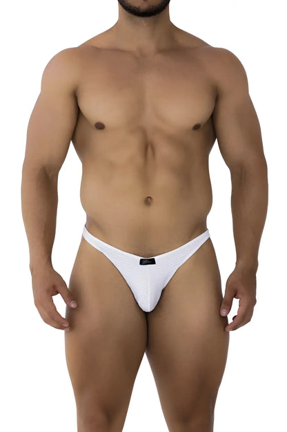 White xtremen 91197 jacquard bikini thong made of smooth fabric with small black brand tag at the center back