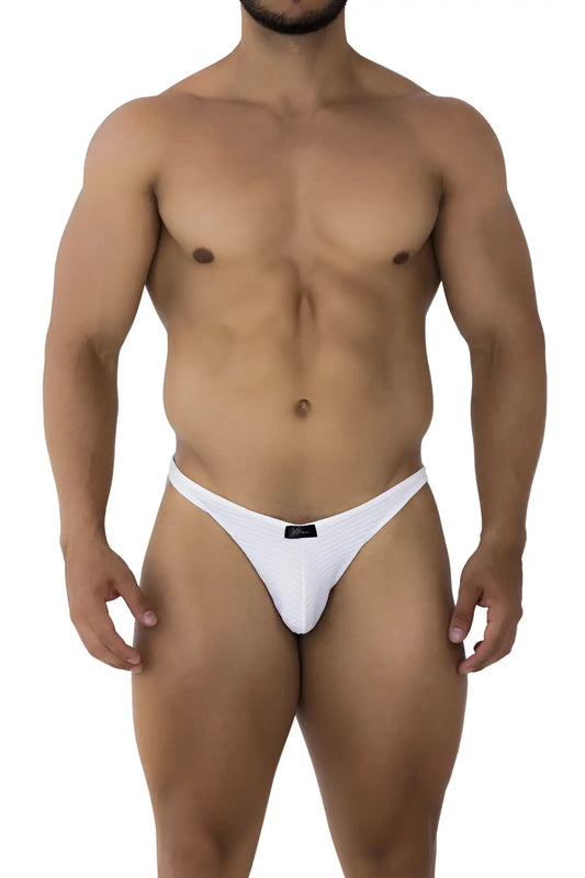 White xtremen 91197 jacquard bikini thong made of smooth fabric with small black brand tag at the center back