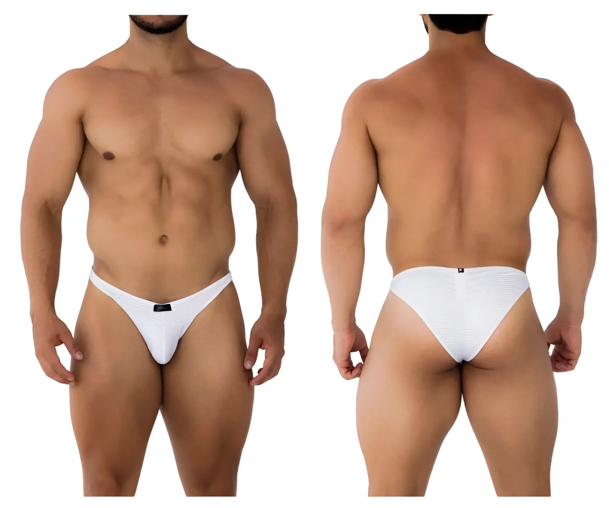 White xtremen 91197 jacquard bikini thong briefs with smooth seamless design and small black brand tag at front