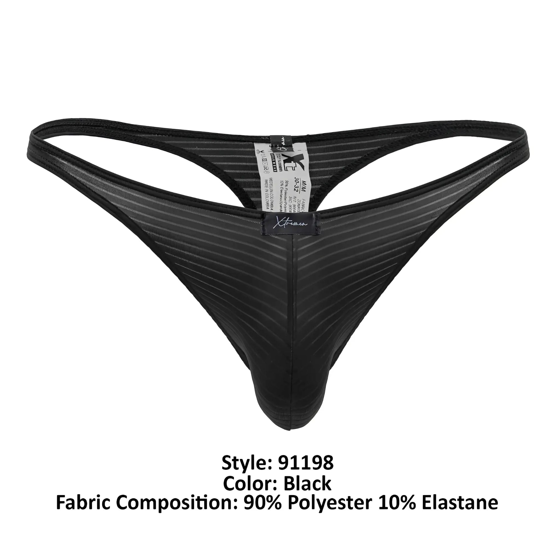 Black xtremen 91198 jacquard thong with subtle ribbed mesh texture and branded label at the center front