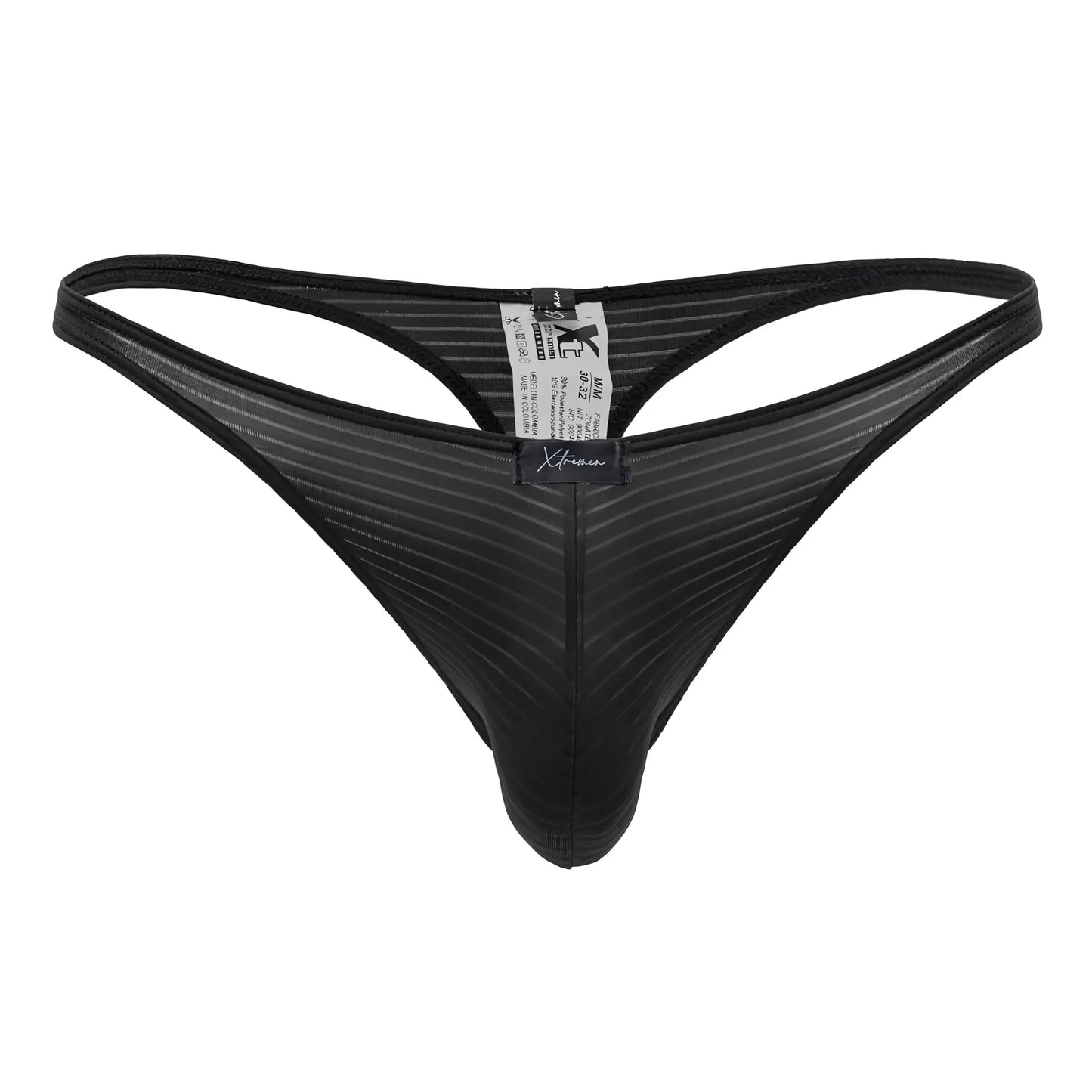 Back side of a black xtremen 91198 jacquard thong with mesh ribbed pattern and branded label