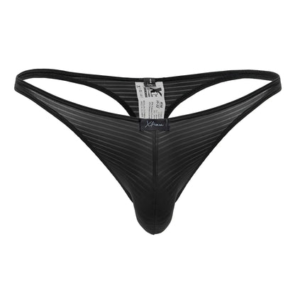 Back side of a black xtremen 91198 jacquard thong with mesh ribbed pattern and branded label